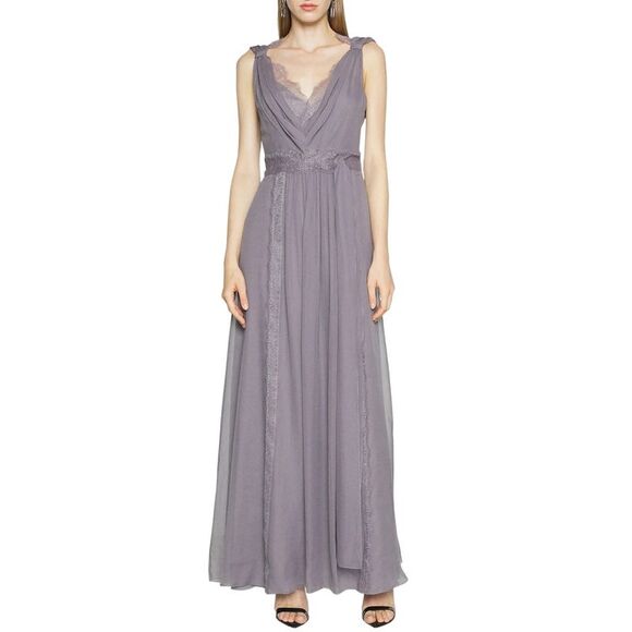 Alberta Ferretti Womens Lace Panel Silk V-Neck Dress US 8 Violet IT 44 NWT $2780